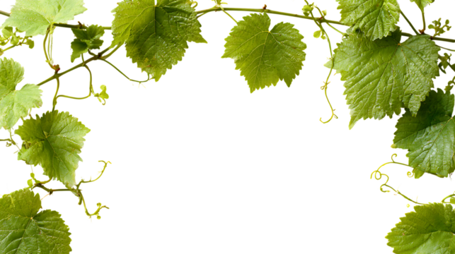 Fresh green grape vine leaves and curling tendrils forming a natural border along the top and right side.