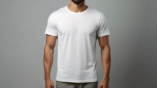 Man in white t-shirt stands against a gray background demonstrating athletic physique and style for fashion mockups