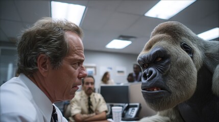 A gripping scene portraying a tense confrontation between a man and a powerful gorilla in an office, showcasing the struggle for authority, identity, and control in a highly charged atmosphere.