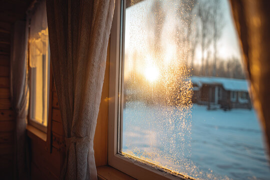 Fototapeta Snowy cabin window view with frost and gentle sunlight, cozy wooden interior, warm curtains, peaceful winter morning, tranquil rural landscape, serene atmosphere