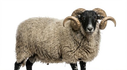 Fototapeta premium Majestic Ram with Curled Horns - A striking portrait of a ram, showcasing its impressive curled horns and thick fleece against a clean, white backdrop