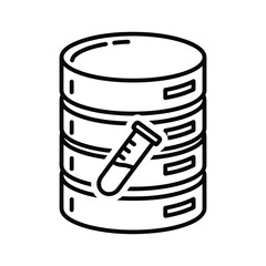 Outline icon of stacked database server cylinder with a test tube representing data storage and scientific research or analysis