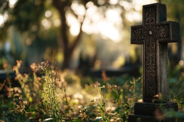 Catholic Cemetery: Grave Marker with Cross, Solemn Beauty