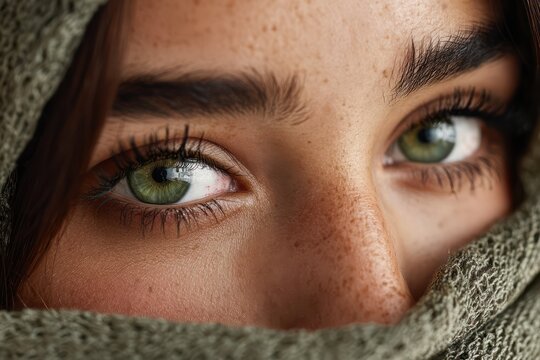 Close-up of Young Muslim Woman with Green Eyes Wearing Hijab - Powered by Adobe