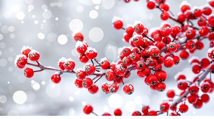 Lively evergreen branches with red berries against a bright snowy backdrop in winter light