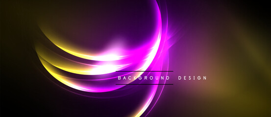 Abstract design features vibrant purple, gold curves. Dynamic light effects create modern, energetic visual. Dark background emphasizes luminosity.