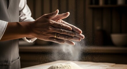 Baking process flour dust chef hands preparing dough culinary arts food preparation cooking skills
