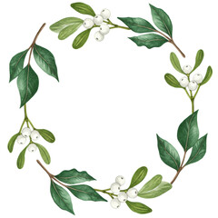 Fototapeta premium highly detailed traditional watercolor of festive mistletoe sprigs with emerald leaves and white berries, forming a delicate corner frame on a transparent background with copy space. concept of