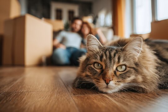 New Home Interior with Content Cat and Resting Homeowners