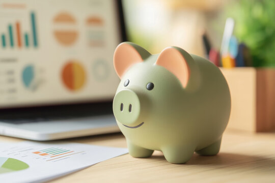 Piggy bank on desk with laptop and financial charts. A green piggy bank sits on a desk with a laptop displaying financial charts and a smartphone.