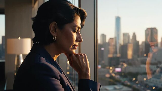 Professional woman gazes pensively from high rise window overlooking city during sunset, deep in thought