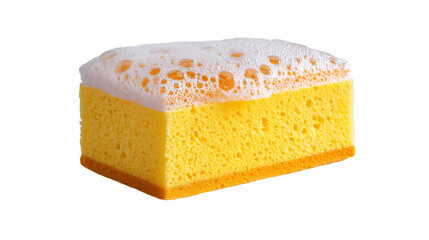 Ai bright yellow sponge with bubbles resting on a clean counter, showcasing its texture and foamy surface
