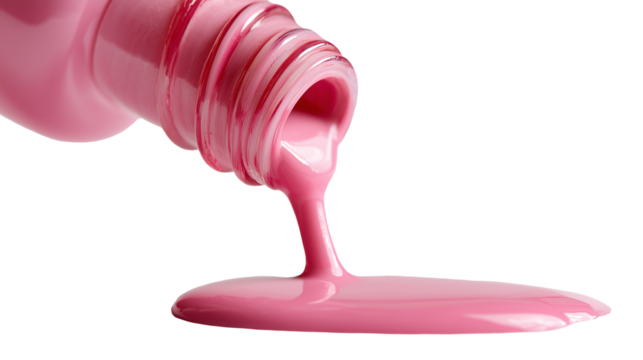 Ai pink nail polish pours from a bottle creating a smooth puddle on a white surface in a creative workspace