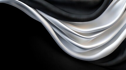 Abstract flowing waves of black and white fabric create a dramatic contrast, with soft lighting highlighting the textures and curves. The composition is elegant