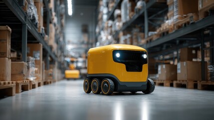 Autonomous delivery robot navigating through a busy warehouse filled with boxes and pallets, showcasing advancements in logistics and technology in modern industry