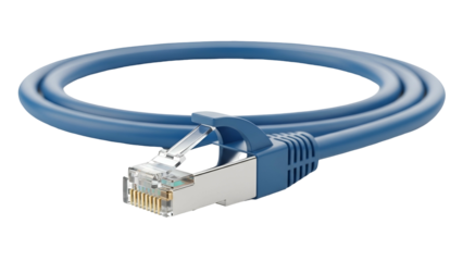 Blue Ethernet cable coiled, with RJ45 connector, isolated on black background