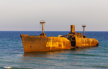 Landscape with the Evangelia shipwreck on the Black Sea coast, in Costinesti resort - Romania. It is the emblem of the resort and a point of attraction