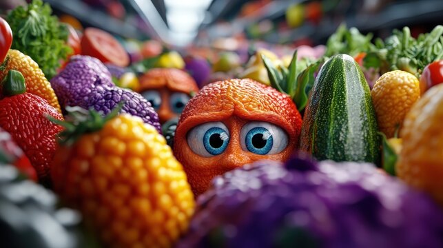 A whimsical and colorful scene featuring animated fruits with expressive eyes, capturing a playful and imaginative take on food, evoking joy and curiosity in a vibrant setting.