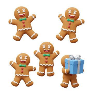 five cheerful, stylized anthropomorphic gingerbread cookies with detailed white icing and realistic textures, holding a blue gift box, isolated on a transparent background with ample copy space.