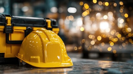 Bright Yellow Safety Helmet and Toolbox in Workshop with Blurred Bokeh Background Creating a Dynamic Construction Environment