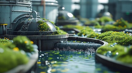 A closeup showcases the anaerobic digestion process in action. The treatment features a water flowing with lush green vegetation and industrial containers in the background, blending nature and