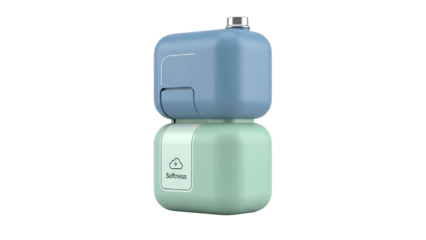 A stacked, pastel-colored, rounded-cube device with a silver cap against a black background