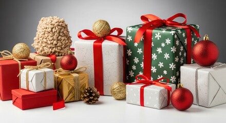 Vibrant Christmas presents with red ribbons and ornaments create a festive mood, perfect for holiday promotions or seasonal marketing campaigns