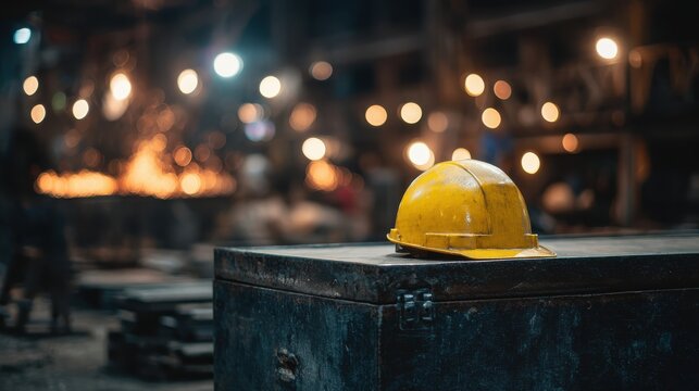 Yellow Hard Hat on a Wooden Box with Blurred Background of an Industrial Workshop during Night Time with Soft Glowing Lights