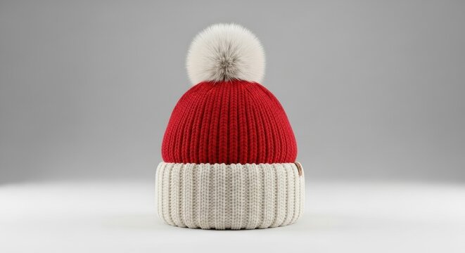 A cozy red and white knitted winter beanie with a large fluffy pom-pom on top, featuring a ribbed texture and a wide folded cuff for warmth and style during cold seasons - Powered by Adobe