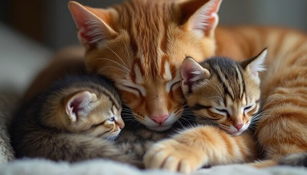 Ginger mother cat hugs her kittens. Kittens snuggle to mother. Feline family embrace each other. Cats sleep together feeling protection, love. Domestic animals relax, enjoy safety in family circle. - Powered by Adobe