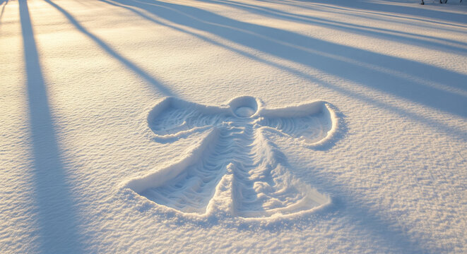 Snow angel created in fresh snow with long shadows  