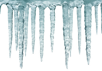 macro shot of long, translucent, light-green icicles dripping water, showing crystalline detail, high-key studio still life against a transparent background with copy space, concept of pristine,