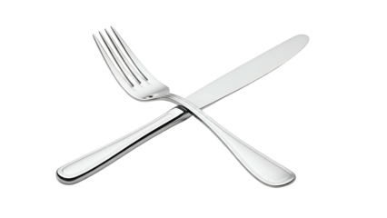 A crossed fork and knife with a reflective silver sheen against a dark backdrop