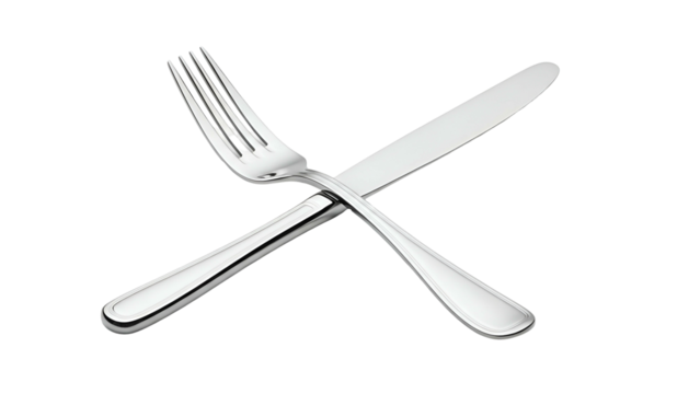 A crossed fork and knife with a reflective silver sheen against a dark backdrop
