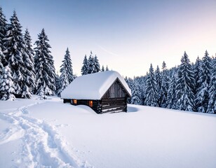 Snowy Winter Cabin in a Forest