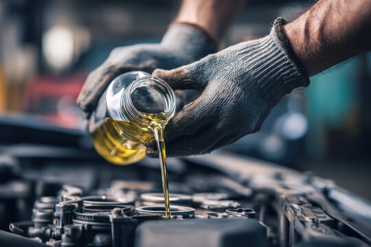 Mechanic Pouring Oil into Vehicle Engine for Service