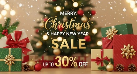 Christmas new year sale, gifts, tree lights, festive promotion