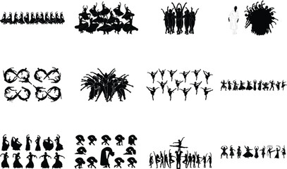 Diverse collection of dancing and yoga silhouette figures