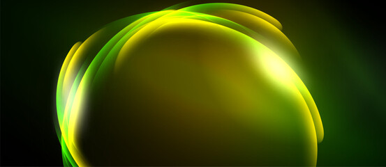 Abstract glowing form dominates dark background. Yellow, green hues blend creating dynamic visual effect. Smooth curves suggest energy, movement.