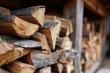 Neatly Stacked Wood Logs in Outdoor Garden Shed