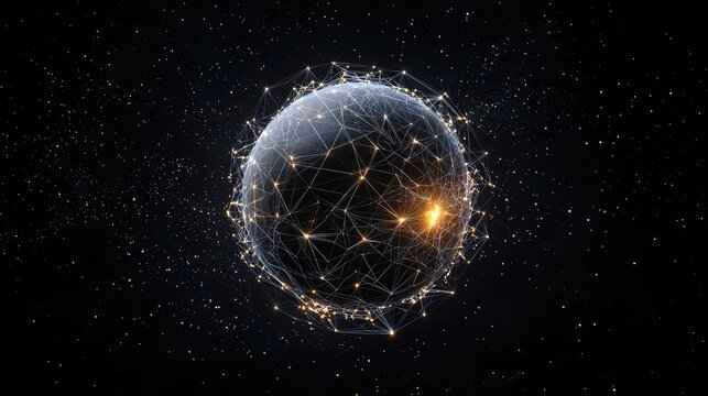 A stylized, dark, and textured globe is enveloped by a complex, glowing network of lines and nodes. The background is a deep black space filled with numerous sm