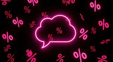 Neon pink percentage symbols in a speech bubble on a black background surrounded by falling percentages. Sales, discount, promotion concept.