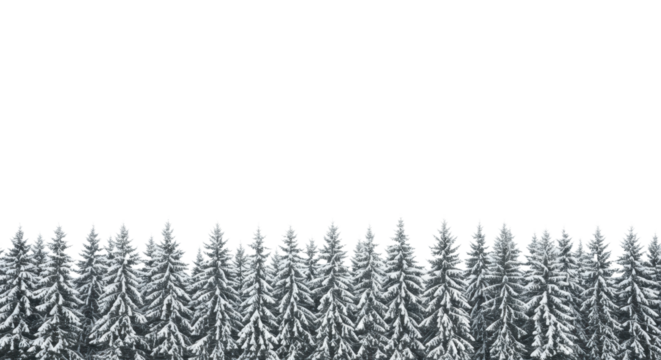 a panoramic establishing shot of a razor-sharp straight line of deep green, snow-flocked pines against a clean, high-key infinite white backdrop. Concept for winter commercial purity