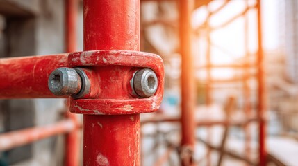 Close-Up View of a Red Scaffold Joint with Nuts and Bolts in a Construction Site Setting in Soft Daylight