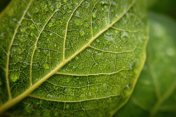 Green Leaf Detailed with Dew Drops and Vein Structure