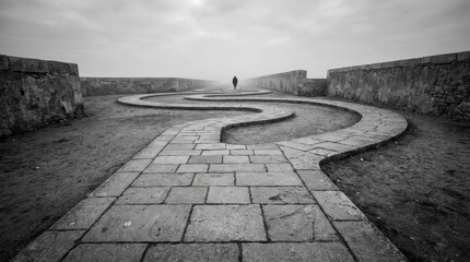 Serpentine Path to the Horizon - A solitary figure walks a winding stone path into the distance under a somber sky. The monochrome scene evokes reflection and the journey of life
