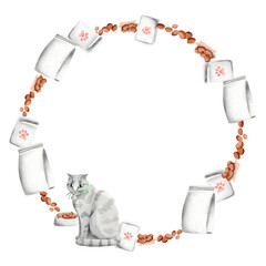 A gray lop-eared cat surrounded by food. A simple watercolor illustration. A round frame depicts the cat and cat food.