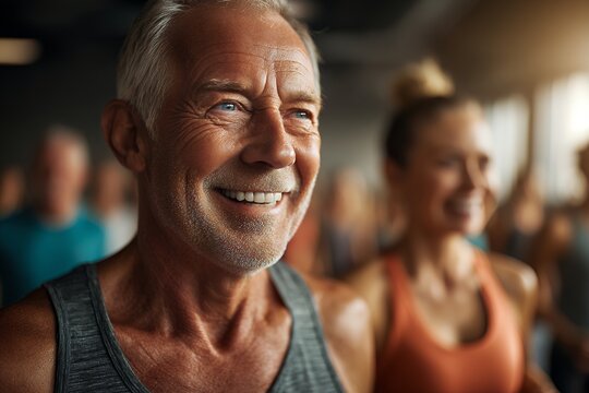 Seniors join group exercise in a sunny morning fitness class