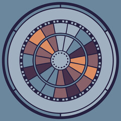 Circular geometric design with segmented colors and outer ring