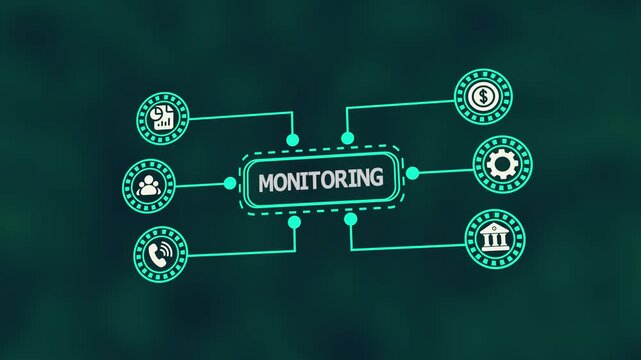 Business monitoring interface with analytics dashboard icons for tracking performance, evaluating progress, and optimizing results across corporate systems and operations.